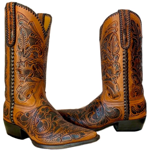 Custom Handmade Tooled Leather Brown Cowboy Western Boots Men’s 8 E Women’s 10 - Picture 1 of 8
